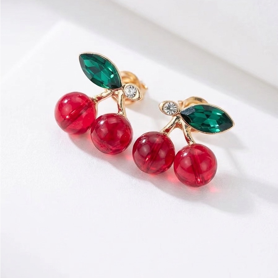 Gold Cherry Drop Earrings With Green Leaves - Women Jewelry